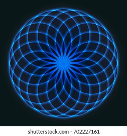 Mathematical symbol. Mandala design. Flower of Life. Sacred Geometry. Pattern of rotating circles.  Balance and harmony. Neon blue circles. Vector illustration.