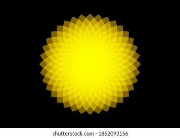 Mathematical symbol, yellow lotus logo. Mandala design. Flower of Life. Sacred Geometry. Pattern of rotating circles. Balance and harmony. Neon sign. Vector illustration isolated on black background