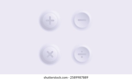 Mathematical symbols 3D circle shapes button neomorphism style. Vector illustration