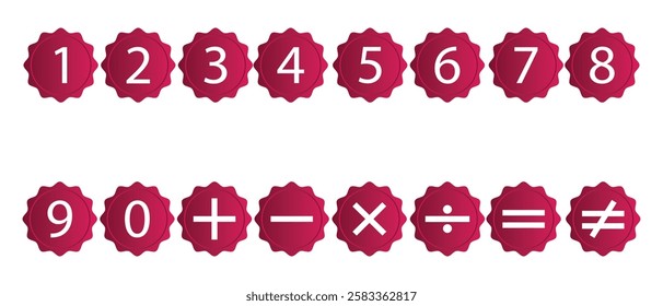 Mathematical symbols. All numbers and plus minus divide multiply equal sign icons set in circle. Plus and minus or add and subtract icons for apps and websites. Plus and minus sign set.