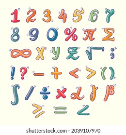 Mathematical symbols. Child comic numbers. Kids funny math characters. Preschool, school mathematics education. Cute numbers. Learning mathematical symbols cartoon elements set. Vector illustration