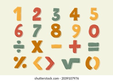 Símbolos matemáticos. Números de cómic infantil. Los niños son graciosos personajes de matemáticas. Enseñanza de matemáticas en la escuela. Números cortos. Aprender símbolos matemáticos elementos de dibujos animados establecidos. Ilustración del vector