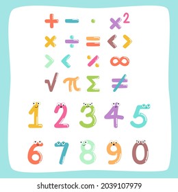 Mathematical symbols. Child comic numbers. Kids funny math characters. Preschool, school mathematics education. Cute numbers. Learning mathematical symbols cartoon elements set. Vector illustration