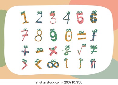 Mathematical symbols. Child comic numbers. Kids funny math characters. Preschool, school mathematics education. Cute numbers. Learning mathematical symbols cartoon elements set. Vector illustration