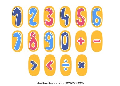 Mathematical symbols. Child comic numbers. Kids funny math characters. Preschool, school mathematics education. Cute numbers. Learning mathematical symbols cartoon elements set. Vector illustration