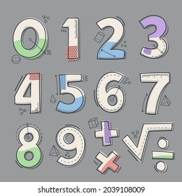 Mathematical symbols. Child comic numbers. Kids funny math characters. Preschool, school mathematics education. Cute numbers. Learning mathematical symbols cartoon elements set. Vector illustration