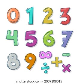 Mathematical symbols. Child comic numbers. Kids funny math characters. Preschool, school mathematics education. Cute numbers. Learning mathematical symbols cartoon elements set. Vector illustration