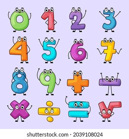 Mathematical symbols. Child comic numbers. Kids funny math characters. Preschool, school mathematics education. Cute numbers. Learning mathematical symbols cartoon elements set. Vector illustration