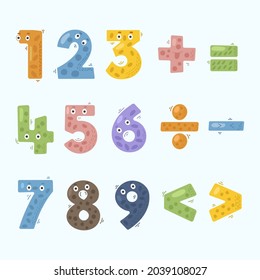 Mathematical symbols. Child comic numbers. Kids funny math characters. Preschool, school mathematics education. Cute numbers. Learning mathematical symbols cartoon elements set. Vector illustration