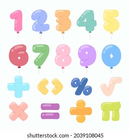 Mathematical symbols. Child comic numbers. Kids funny math characters. Preschool, school mathematics education. Cute numbers. Learning mathematical symbols cartoon elements set. Vector illustration