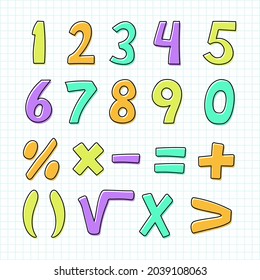 Mathematical symbols. Child comic numbers. Kids funny math characters. Preschool, school mathematics education. Cute numbers. Learning mathematical symbols cartoon elements set. Vector illustration