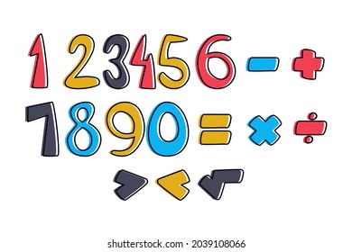 Mathematical symbols. Child comic numbers. Kids funny math characters. Preschool, school mathematics education. Cute numbers. Learning mathematical symbols cartoon elements set. Vector illustration