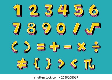 Mathematical Symbols. Child Comic Numbers. Kids Funny Math Characters. Preschool, School Mathematics Education. Cute Numbers. Learning Mathematical Symbols Cartoon Elements Set. Vector Illustration