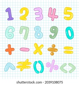 Mathematical symbols. Child comic numbers. Kids funny math characters. Preschool, school mathematics education. Cute numbers. Learning mathematical symbols cartoon elements set. Vector illustration