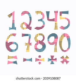 Mathematical symbols. Child comic numbers. Kids funny math characters. Preschool, school mathematics education. Cute numbers. Learning mathematical symbols cartoon elements set. Vector illustration
