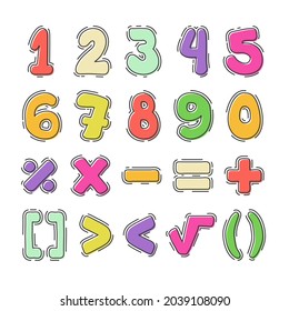 Mathematical symbols. Child comic numbers. Kids funny math characters. Preschool, school mathematics education. Cute numbers. Learning mathematical symbols cartoon elements set. Vector illustration