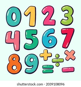 Símbolos matemáticos. Números de cómic infantil. Los niños son graciosos personajes de matemáticas. Enseñanza de matemáticas en la escuela. Números cortos. Aprender símbolos matemáticos elementos de dibujos animados establecidos. Ilustración del vector