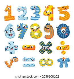 Mathematical symbols. Child comic numbers. Kids funny math characters. Preschool, school mathematics education. Cute numbers. Learning mathematical symbols cartoon elements set. Vector illustration