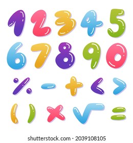Mathematical symbols. Child comic numbers. Kids funny math characters. Preschool, school mathematics education. Cute numbers. Learning mathematical symbols cartoon elements set. Vector illustration