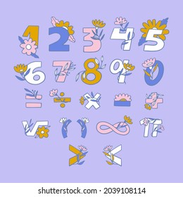 Mathematical symbols. Child comic numbers. Kids funny math characters. Preschool, school mathematics education. Cute numbers. Learning mathematical symbols cartoon elements set. Vector illustration