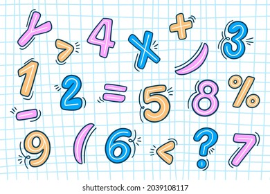 Mathematical symbols. Child comic numbers. Kids funny math characters. Preschool, school mathematics education. Cute numbers. Learning mathematical symbols cartoon elements set. Vector illustration