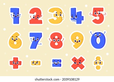 Mathematical symbols. Child comic numbers. Kids funny math characters. Preschool, school mathematics education. Cute numbers. Learning mathematical symbols cartoon elements set. Vector illustration