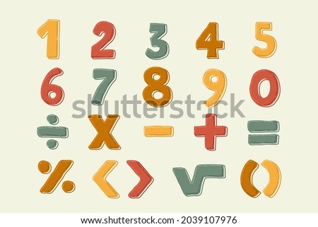 Mathematical symbols. Child comic numbers. Kids funny math characters. Preschool, school mathematics education. Cute numbers. Learning mathematical symbols cartoon elements set. Vector illustration