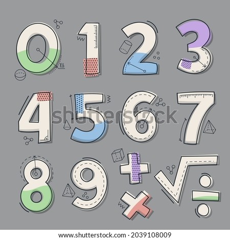 Mathematical symbols. Child comic numbers. Kids funny math characters. Preschool, school mathematics education. Cute numbers. Learning mathematical symbols cartoon elements set. Vector illustration