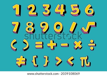 Mathematical symbols. Child comic numbers. Kids funny math characters. Preschool, school mathematics education. Cute numbers. Learning mathematical symbols cartoon elements set. Vector illustration