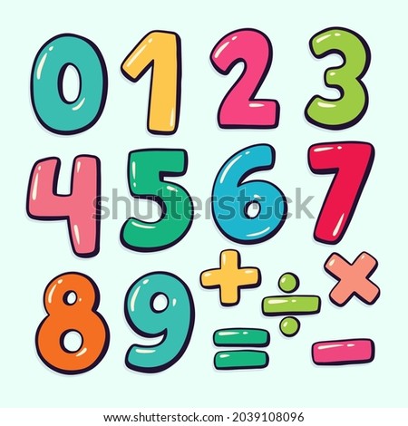 Mathematical symbols. Child comic numbers. Kids funny math characters. Preschool, school mathematics education. Cute numbers. Learning mathematical symbols cartoon elements set. Vector illustration