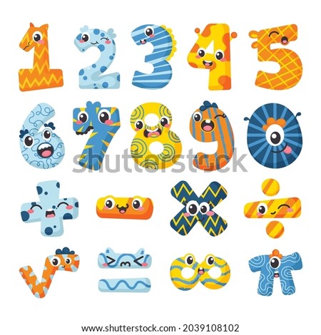 Mathematical symbols. Child comic numbers. Kids funny math characters. Preschool, school mathematics education. Cute numbers. Learning mathematical symbols cartoon elements set. Vector illustration