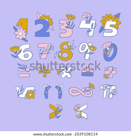 Mathematical symbols. Child comic numbers. Kids funny math characters. Preschool, school mathematics education. Cute numbers. Learning mathematical symbols cartoon elements set. Vector illustration