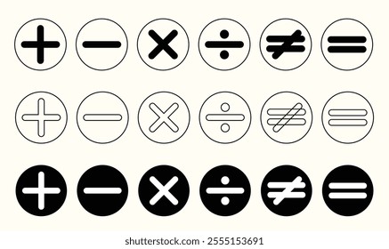 Mathematical symbols in circular designs, including plus, minus, multiplication, division, and equality. Featuring black-and-white styles with various bold and thin line weights.