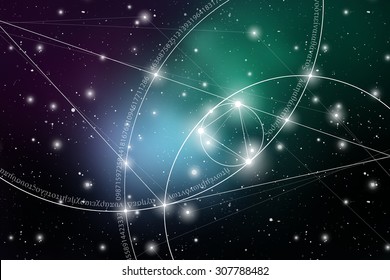 Mathematical symbols and digits in space. The formula of nature. Greek letters. There is no beginning and no end of the Universe, and no beginning and no end of the Life and the Bliss.