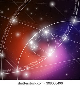 Mathematical symbols and digits in space. The formula of nature. Greek letters. There is no beginning and no end of the Universe, and no beginning and no end of the Life and the Bliss.