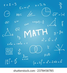 Símbolos matemáticos y fórmula sobre fondo azul. Patrón científico sin fisuras. Concepto de escritura a mano de doodle de ecuación matemática. Recursos para profesores y estudiantes. Ilustración vectorial.