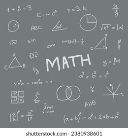Mathematical symbols and formula on grey background. Scientific seamless pattern. Math formula equation doodle handwriting concept. Resources for teachers and students. Vector illustration.