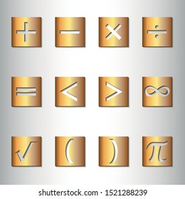 Mathematical symbols of gold color isolated on a silver background.