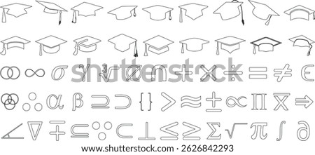 Mathematical symbols and graduation cap icon set in black outline style. Ideal for educational design, academic presentations, or school related projects