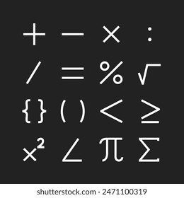 Mathematical symbols icons, white on black background. Arithmetic, algebraic notation, calculations, equations. Customizable line thickness