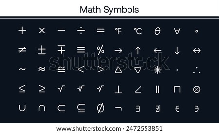 Mathematical symbols, math symbols, plus, minus, division, set, union, intersection, percent, greater than, less than, angle, square root, cube root, subset, equals, equals to, theta,