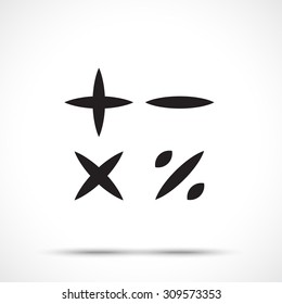 Mathematical symbols - plus, minus, multiplication & division on white background. 