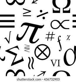 Mathematical symbols. Seamless vector pattern. Black and white background. Poster, cover of the textbook or notebook