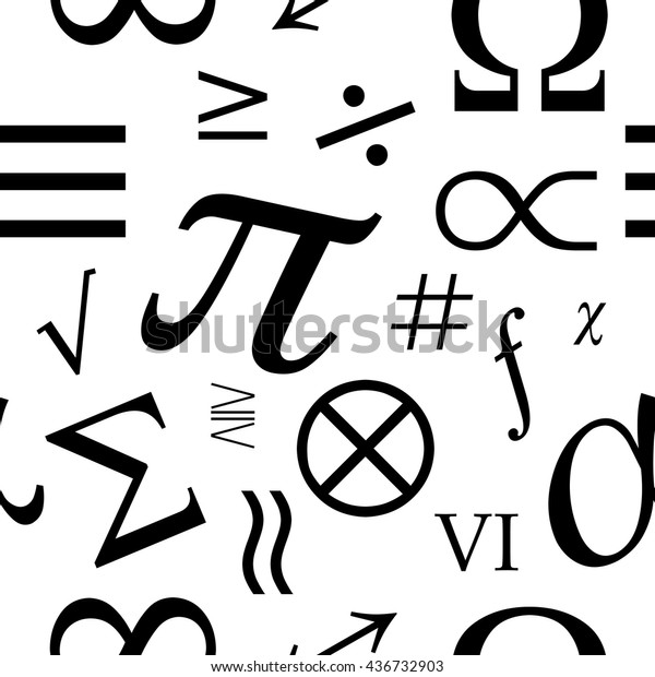 Mathematical\
symbols. Seamless vector pattern. Black and white background.\
Poster, cover of the textbook or\
notebook