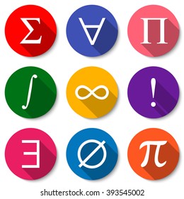 Mathematical Symbols. Set of colorful flat math icons with long shadows. Summation, universal quantification, product, integral, infinity, factorial, existential quantification, empty set, pi sign. 