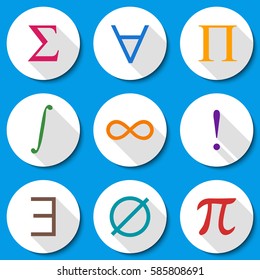 Mathematical Symbols. Set of colorful flat math icons with long shadows. Summation, universal quantification, product, integral, infinity, factorial, existential quantification, empty set, pi sign.