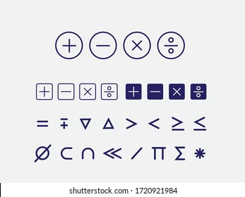 mathematical symbols such as plus, minus, multiplication, division