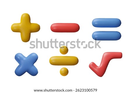 Mathematical symbols. Vector set of 3D signs plus, minus, equal, root, multiplication, division. Arithmetic calculation. For education and school materials. Cartoon style. Isolated background.