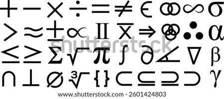 Mathematical symbols vector set, algebra and calculus signs, arithmetic operators, geometry notation, Greek letters, scientific equation symbols, physics formulas, math notation, education icons