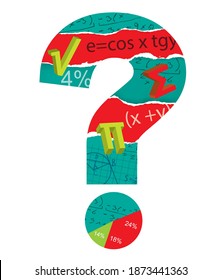 Mathematische Prüfung, Fragezeichen.
Illustration mathematischer Symbole innerhalb des Fragezeichens auf orangefarbenem Hintergrund. Vektorgrafik verfügbar.